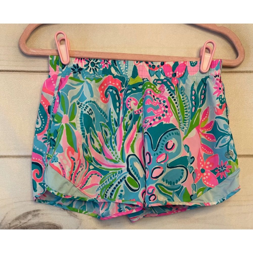 Lilly Pulitzer Luxletic Ocean Trail Shorts XS Blue Pink Floral Paisley Mesh